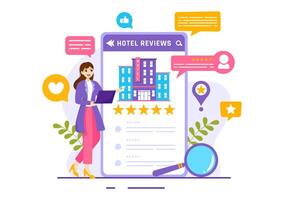 hotel comentarios vector ilustración con clasificación servicio, usuario satisfacción a clasificado cliente, producto o experiencia en plano dibujos animados antecedentes