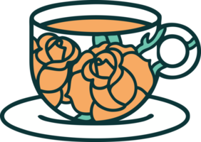 iconic tattoo style image of a cup and flowers png