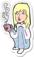 sticker of a cartoon woman with cup of coffee png