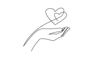 Continuous one line drawing hand holding heart. Charity donation linear symbol vector