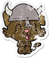 distressed sticker of a laughing cartoon viking dog png