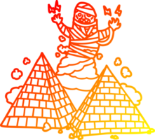 warm gradient line drawing of a cartoon mummy and pyramids png