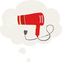 cartoon electric hairdryer with thought bubble in retro style png