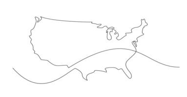 USA map one continuous line drawing. Country single line contour map, shape of country. vector