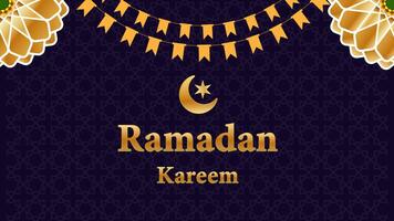 ramadan islamic bakgrund animering halvmåne måne och stjärna de ord ramadan kareem dekorativ buntings mandala roterande i mörk blå. islamic dekorativ element eid mubarak, islamic ny år. video