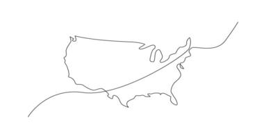 USA map one continuous line drawing. Country single line contour map, shape of country. vector