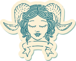 Retro Tattoo Style tiefling character face with scroll banner png