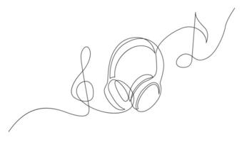 One line headphones. Continuous drawing of music gadget and note. vector