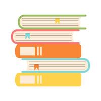 Stack of hardcover books with bookmarks. Colorful thick books pile. Vector illustration isolated on white background.