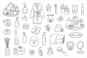 Spa, relax, candle doodle set. Makeup, beauty care outline icons. Natural cosmetic, spa and self care concept. vector