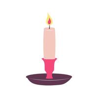 Romantic candle in candlestick. Calm and cozy atmosphere concept. Cartoon flat vector illustration.