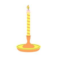 Cute burning candle with wax in a candlestick. Cartoon flat vector illustration.