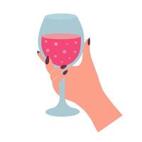 Female hand holding glass of wine. Alcohol drink. Cartoon flat illustration. vector