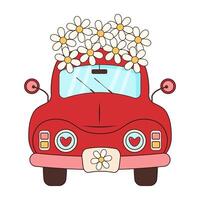 Groovy retro red car with daisies. Hippie vintage car. Love, peace, travel, adventure, hippie culture concept. vector