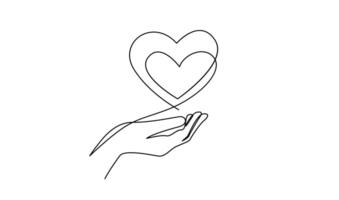 Continuous one line drawing hand holding heart. Charity donation linear symbol vector