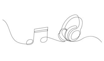 One line headphones. Continuous drawing of music gadget and note. vector