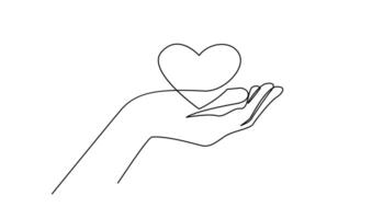 Continuous one line drawing hand holding heart. Charity donation linear symbol vector