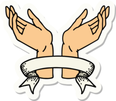 tattoo style sticker with banner of open hands png