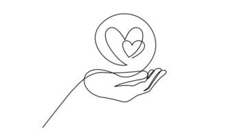 Continuous one line drawing hand holding heart. Charity donation linear symbol vector