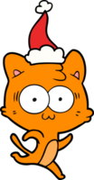 hand drawn line drawing of a surprised cat running wearing santa hat png