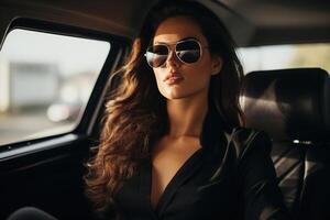 ai generado atractivo elegante joven mujer en Gafas de sol sentado en pasajero asiento de un coche y mirando lejos foto