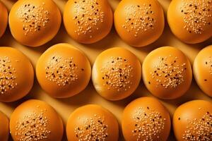 AI generated Golden sesame burger buns, top view food pattern photo