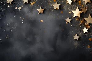 AI generated Festive, Christmas background with copy space, top view of golden stars on a dark surface photo