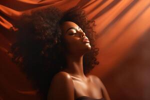 AI generated Beautiful African American woman with closed eyes enjoying relaxation and tranquility on burgundy background with shadows photo