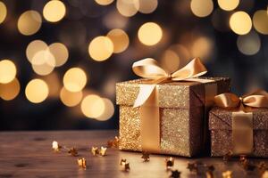 ai generado fiesta regalos envuelto decorado dorado cajas con arco en bokeh antecedentes con Copiar espacio foto