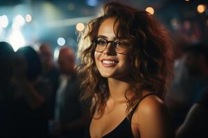 AI generated Smiling young curly woman with glasses at a music party in a crowd of people, indoors. Night club life photo