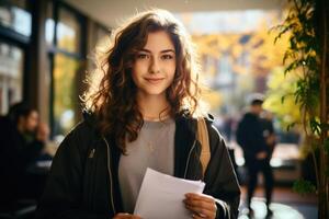 ai generado linda bonito hembra Universidad estudiante participación notas documentos al aire libre, retrato joven sonriente mujer a Universidad instalaciones fuera de mirando a cámara foto