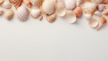 AI generated Top view seashells on a white background, marine banner with copy space photo