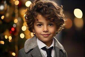 AI generated Smiling cute little curly boy against backdrop of garlands and decorated Christmas tree indoors, Xmas child portrait photo