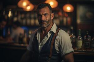 AI generated Bartender handsome adult man in an apron standing in a pub and looking at camera. Bar owner photo