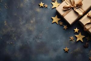 AI generated Festive, Christmas background with copy space. Top view golden stars and wrapped gift boxes on a dark surface with empty space for text photo