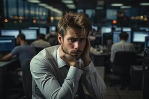 AI generated Tired desperate office worker at workplace holding head indoors and looking at camera photo