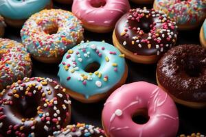 AI generated Close-up of glazed chocolate, pink and blue donuts photo