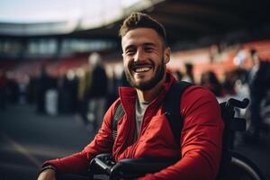 AI generated Happy adult male athlete with a disability on a wheelchair in stadium outdoors, paralympic photo