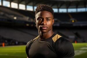 ai generado retrato de grave afro americano joven confidente masculino atleta jugador a estadio al aire libre mirando a cámara foto