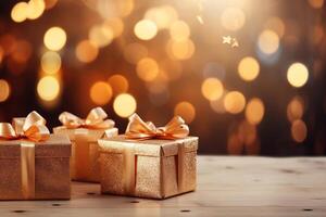 ai generado Navidad sorpresa en festivo Brillantina bokeh antecedentes con Copiar espacio. regalo dorado cajas foto