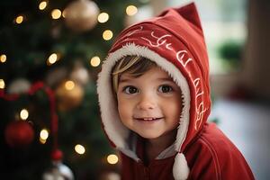 AI generated Xmas concept, portrait of cute smiling child sitting near decorated Christmas tree and looking at camera photo