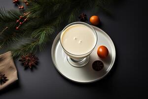 ai generado parte superior ver es un dulce a base de leche bebida en un vaso, huevos y un Navidad árbol rama y anís en un mesa adentro foto