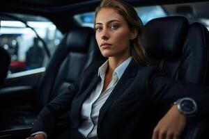 AI generated Business stylish young woman in a suit sitting in a car and looking away. Businesswoman in expensive transport photo