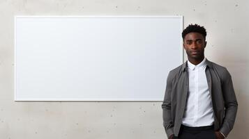 AI generated Young afro american male teacher in a classroom standing by a white empty board and looking at camera, copy space photo