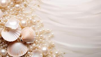 AI generated Top view pearls, exotic seashells on soft elegant white background. Marine banner with copy space photo