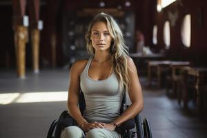 ai generado retrato de un hermosa joven caucásico mujer con un invalidez sentado en un silla de ruedas adentro y mirando a el cámara foto