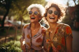 AI generated Portrait of laughing happy adult girlfriends walking together on the street on a sunny summer day photo