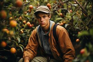 ai generado joven masculino segador, granjero chico en jardín cosecha fruta. estacional cosecha foto