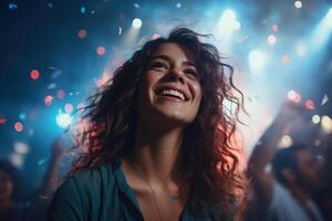 AI generated Happy pretty young woman having fun at party celebrating in club, youth photo