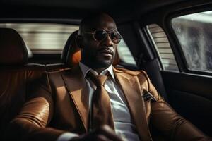 ai generado africano americano confidente adulto empresario sentado en lujo auto, exitoso rico negocio hombre en traje y Gafas de sol. negocio y Finanzas concepto foto